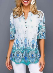Half Sleeve Tribal Print Split Neck Blouse