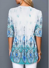 Half Sleeve Tribal Print Split Neck Blouse