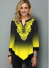 Asymmetric Hem Tribal Print Ombre Blouse