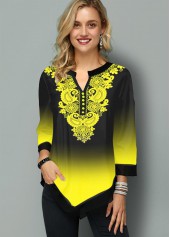 Asymmetric Hem Tribal Print Ombre Blouse