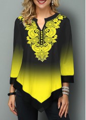Asymmetric Hem Tribal Print Ombre Blouse