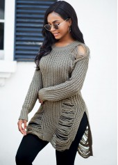 Round Neck Draped Fringe Long Sleeve Sweater