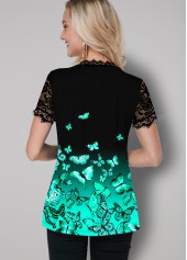 Butterfly Print Lace Panel Ombre T Shirt