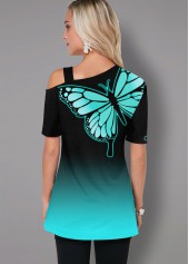 Ombre Butterfly Print Cold Shoulder T Shirt