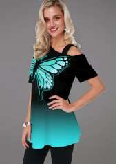 Ombre Butterfly Print Cold Shoulder T Shirt