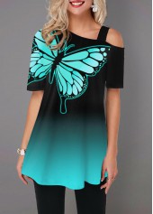 Ombre Butterfly Print Cold Shoulder T Shirt