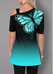 Ombre Butterfly Print Cold Shoulder T Shirt