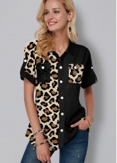 Chest Pocket Leopard Print Button Up Blouse