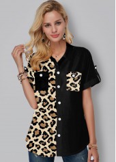 Chest Pocket Leopard Print Button Up Blouse