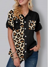 Chest Pocket Leopard Print Button Up Blouse