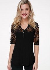 V Neck Half Sleeve Lace Panel T Shirt