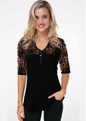 V Neck Half Sleeve Lace Panel T Shirt