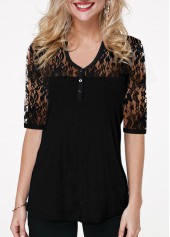 V Neck Half Sleeve Lace Panel T Shirt