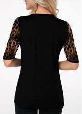V Neck Half Sleeve Lace Panel T Shirt