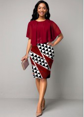 Geometric Print Round Neck Chiffon Overlay Dress