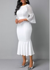 Round Neck Mesh Panel Flare Sleeve Mermaid Dress
