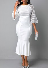 Round Neck Mesh Panel Flare Sleeve Mermaid Dress