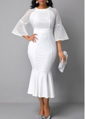 Round Neck Mesh Panel Flare Sleeve Mermaid Dress