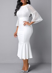 Round Neck Mesh Panel Flare Sleeve Mermaid Dress