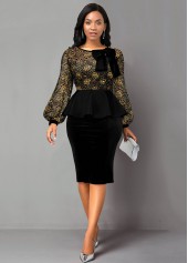 Bowknot Lace Panel Sequin Peplum Waist Dress