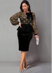 Bowknot Lace Panel Sequin Peplum Waist Dress