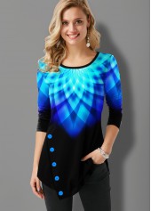 Printed Inclined Button Ombre Asymmetric Hem T Shirt