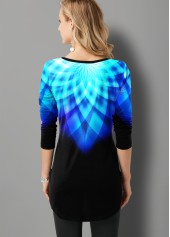 Printed Inclined Button Ombre Asymmetric Hem T Shirt