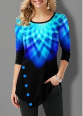 Printed Inclined Button Ombre Asymmetric Hem T Shirt