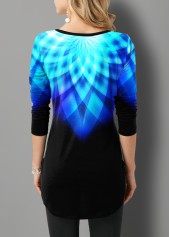 Printed Inclined Button Ombre Asymmetric Hem T Shirt