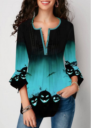 Halloween Women&apos;S Green Bat Print Flare Cuff Bouse Three Quarter Sleeve Button Front Tunic Casual Top By Rosewe - XXL