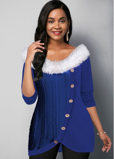 Rosewe Inclined Button Fur Collar Tulip Hem T Shirt - XL