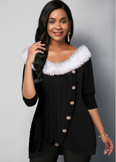 Women&apos;S Black Fur Collar Tulip Hem Inclined Button T Shirt Off The Shoulder Asymmetric Hem Long Sleeve Tunic Casual Top By Rosewe - XL