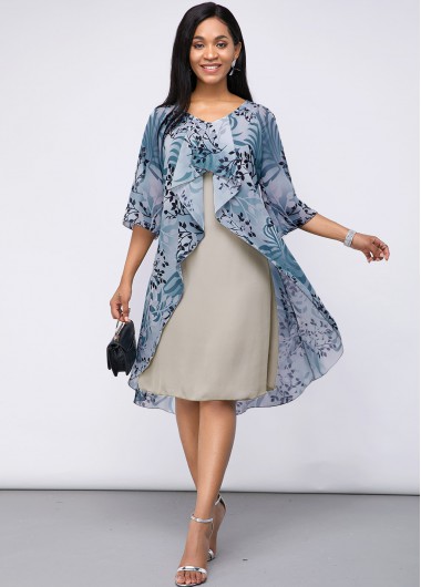 Rosewe Stylish Chiffon Faux Two Piece Plant Print Dress - 12