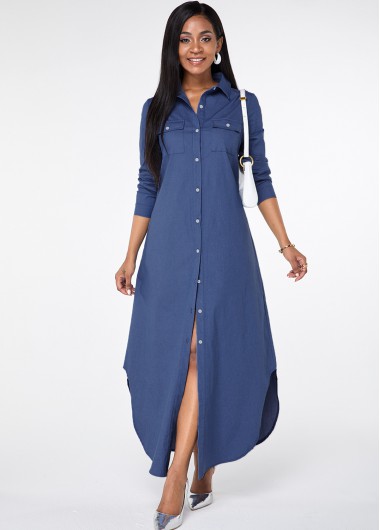 Rosewe Cocktail Party Dress Pocket Button Up Asymmetric Hem Maxi Dress - M