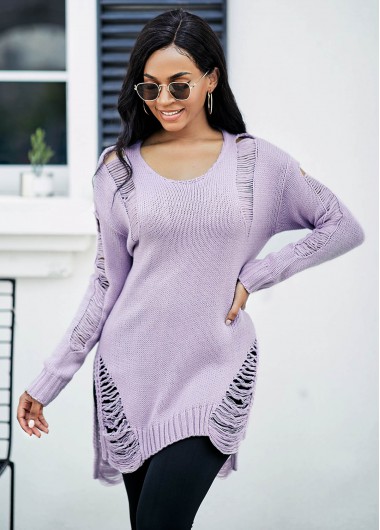 Rosewe Trendy Asymmetric Hem Draped Fringe Long Sleeve Sweater - XS