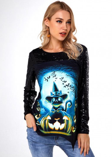 Rosewe Sequin Halloween Print Asymmetric Hem T Shirt - XS