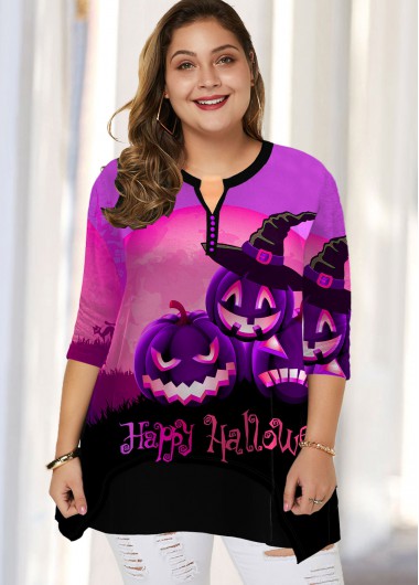 Rosewe Halloween Print Split Neck Plus Size Blouse - 2X
