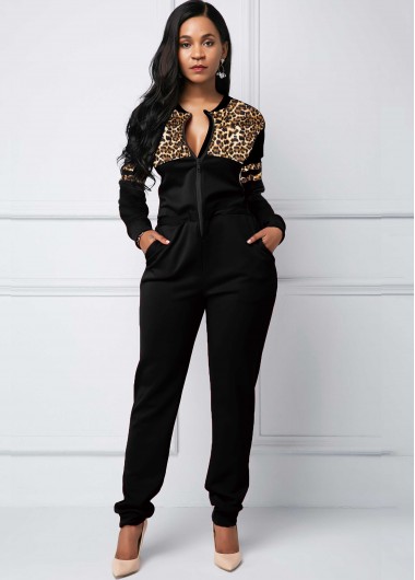 Rosewe Zipper Closure Leopard Print Pocket Jumpsuit - M