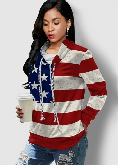 Rosewe Long Sleeve American Flag Print Drawstring Sweatshirt - M