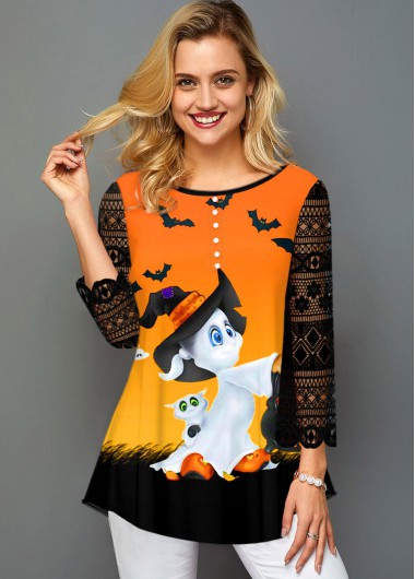 Rosewe Round Neck Halloween Print Lace Panel T Shirt - XS