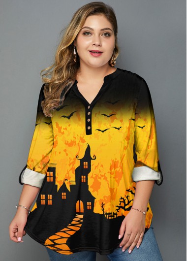 Rosewe Halloween Print Split Neck Plus Size Blouse - 2X