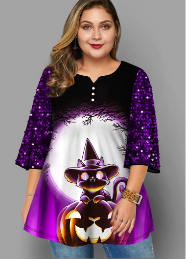 Rosewe Halloween Print Sequin Plus Size T Shirt - 1X
