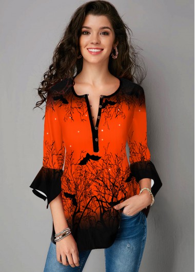 Rosewe Hanky Cuff Round Neck Halloween Print Blouse - XS