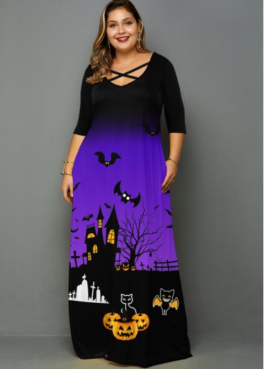 Rosewe Halloween Print Pocket Plus Size Maxi Dress - 1X