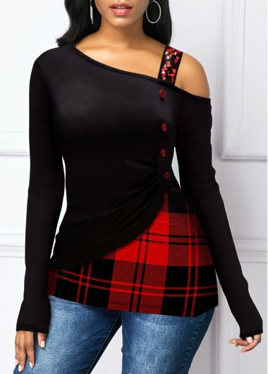 Christmas Women&apos;S Black And Red Plaid Print Cold Shoulder Long Sleeve T Shirt Xmas Tunic Holiday Top By Rosewe Sequin Strap Button Detail - XL