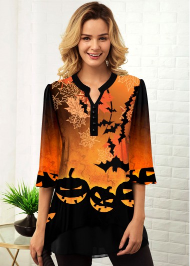 Rosewe Split Neck Three Quarter Sleeve Halloween Print Blouse - M