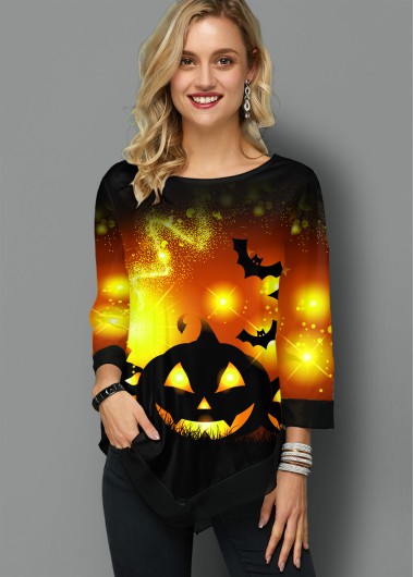 Rosewe Halloween Print Round Neck Asymmetric Hem T Shirt - XS
