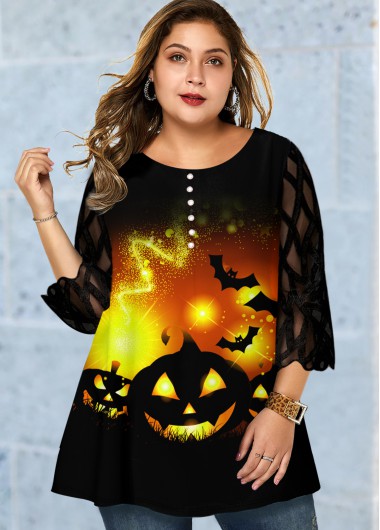 Rosewe Halloween Print Mesh Panel Plus Size T Shirt - 2X
