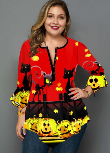 Rosewe Halloween Print Hanky Cuff Plus Size Blouse - 2X