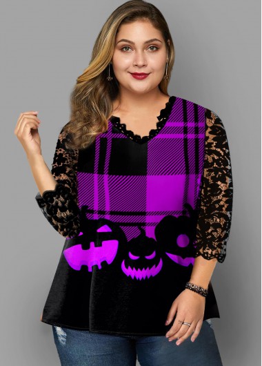 Rosewe Halloween Print Lace Panel Plus Size T Shirt - 1X